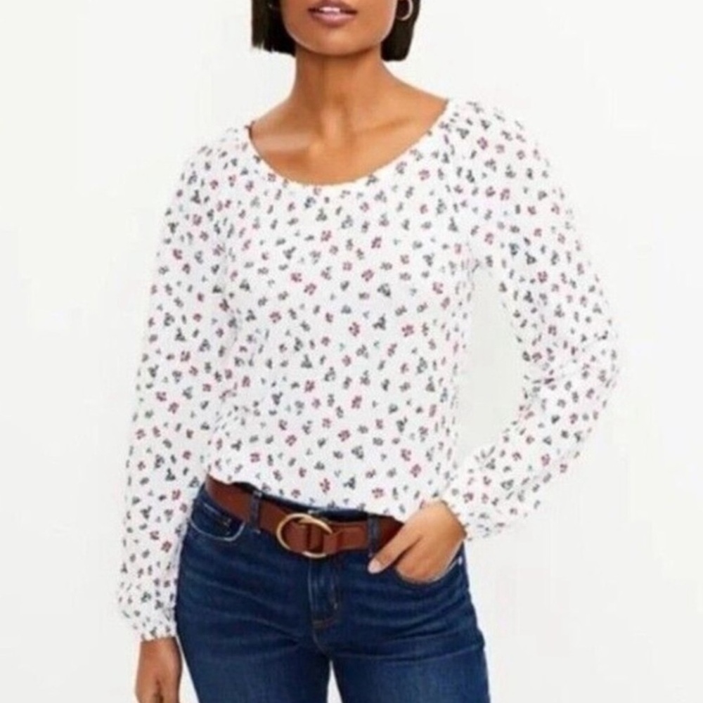 Loft White Floral Draped Long Sleeve Stretch Top NWT Large